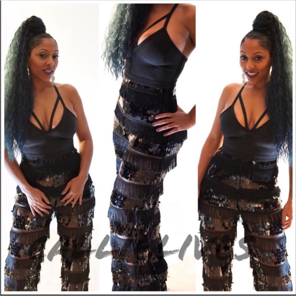 Gold Label Wow Couture Fringe Sequin Mesh Black Halter Top Jumpsuit: Size Small